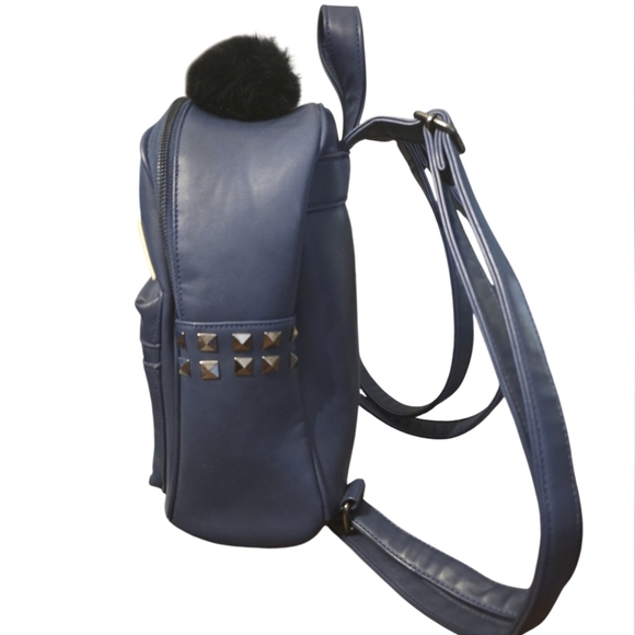 Chic Navy Faux-Leather Mini Backpack with Playful Face Detail - Picture 4 of 15